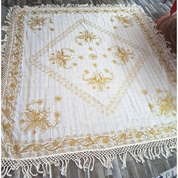 VTG Queen Bedspread Gold Embroidered Tassels Lightweight Cotton Ivory 97x85